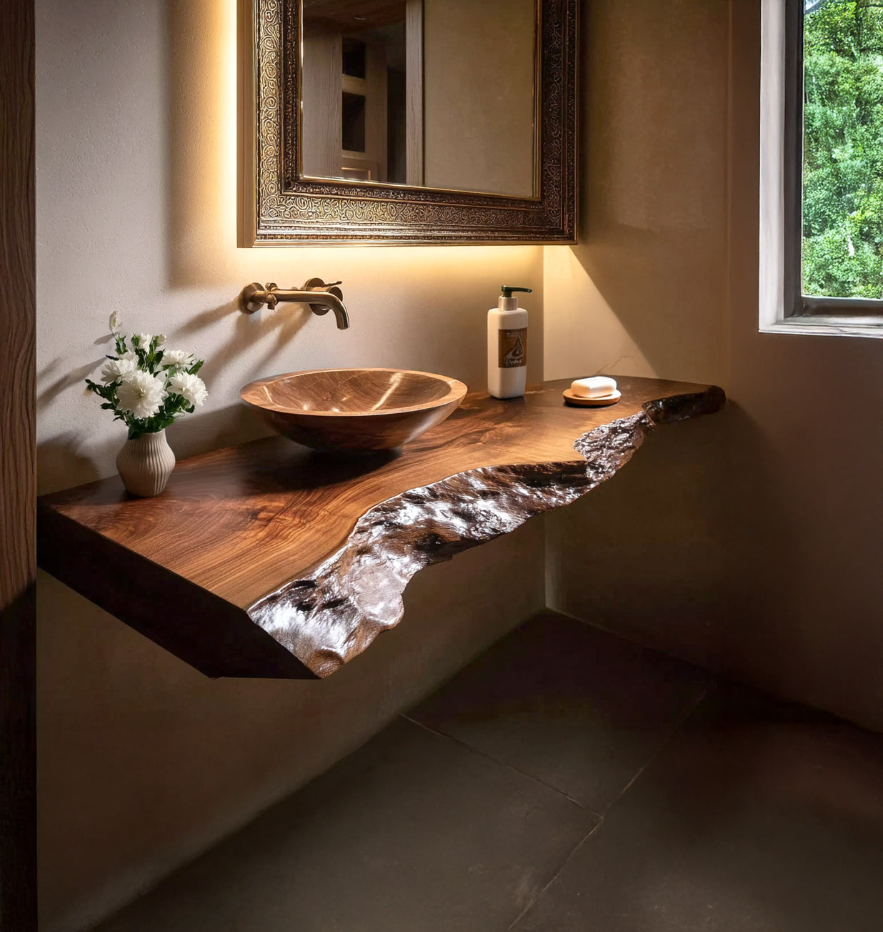 Bathroom with rustic live edge wood countertop, wooden vessel sink, floral vase, soap dispenser, and ornate mirror