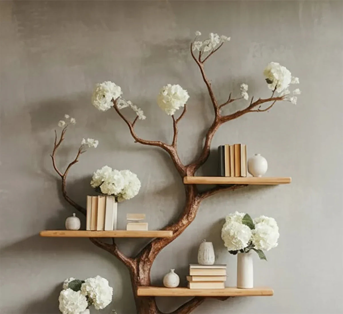 Tree bookshelf with solid wood shelves, books, white vases, and floral décor against a wall.
