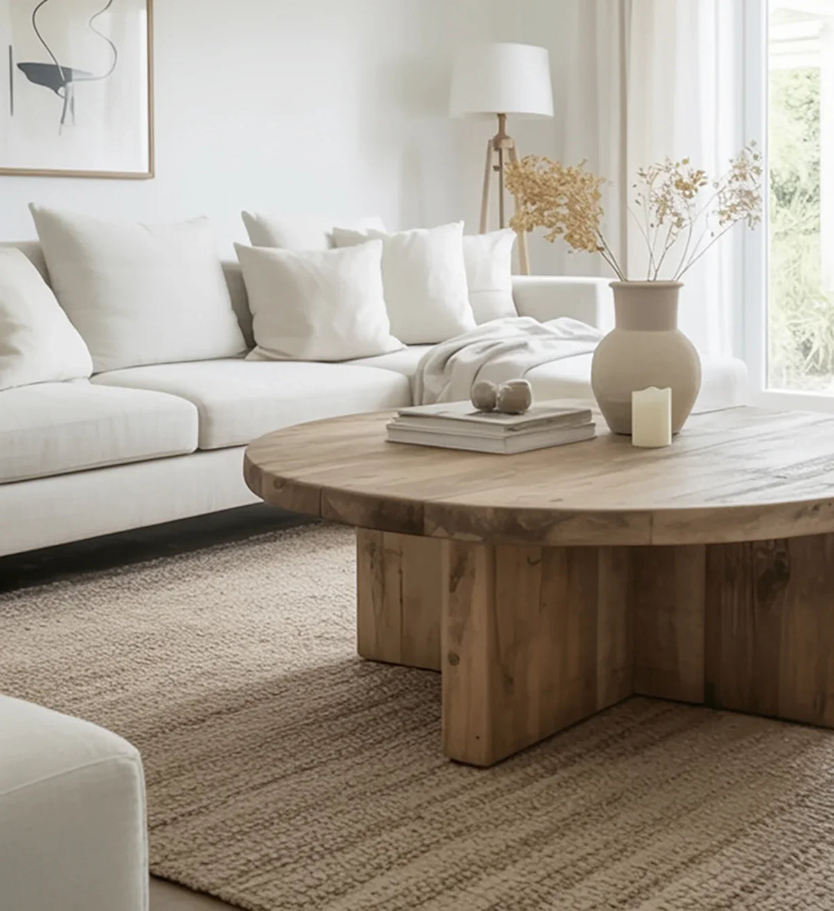 Minimalist living room with white sofa, wooden round coffee table, neutral rug, and beige decor