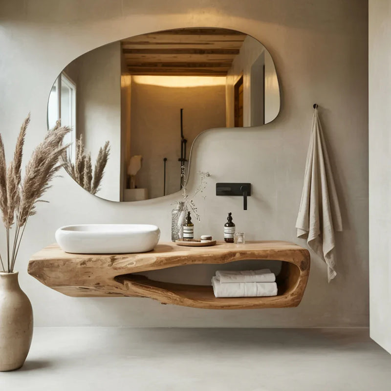 Modern bathroom with natural wood floating vanity and organic-shaped mirror