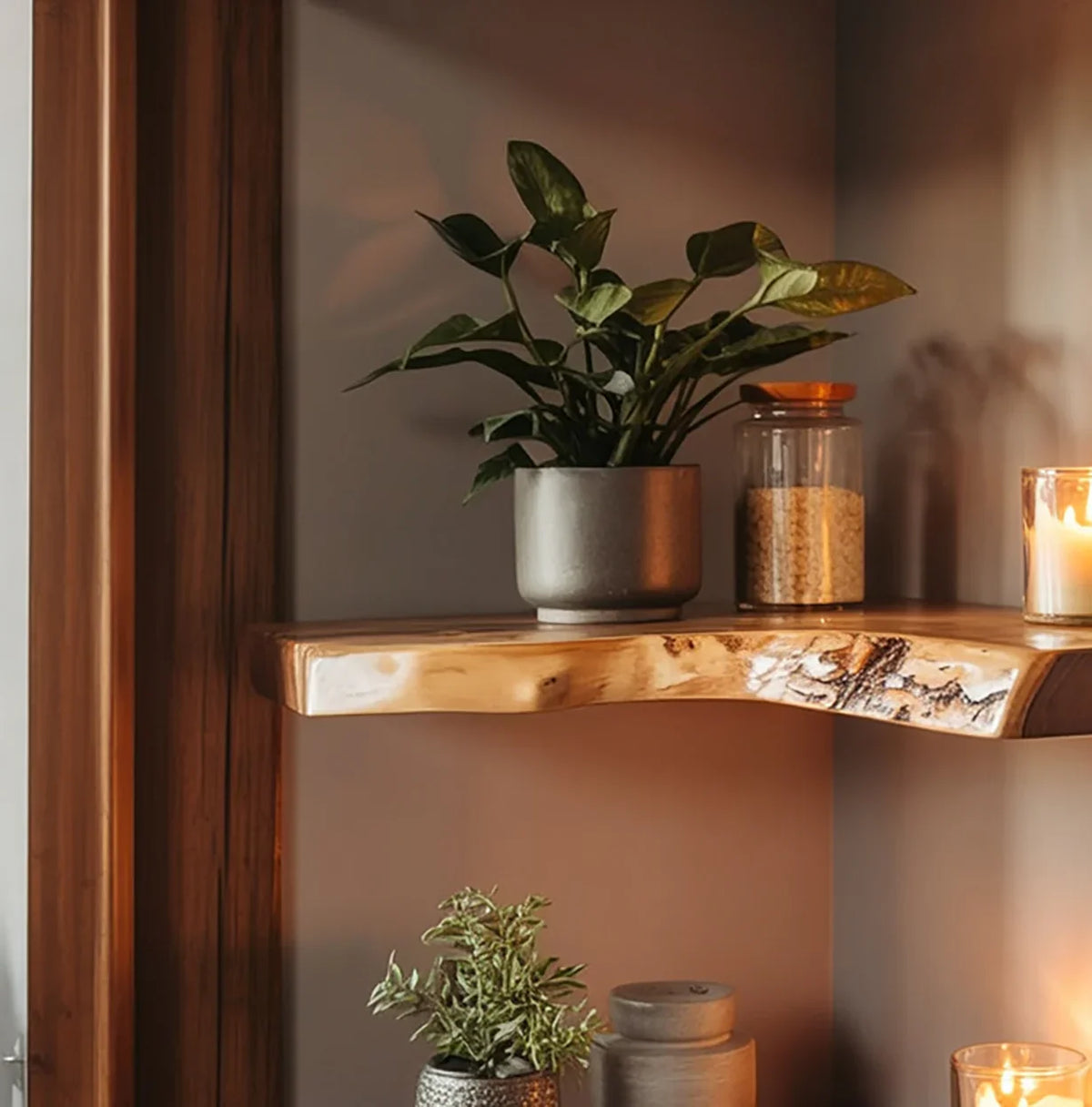 Live edge floating wood shelf with potted plant, glass jar, and lit candle