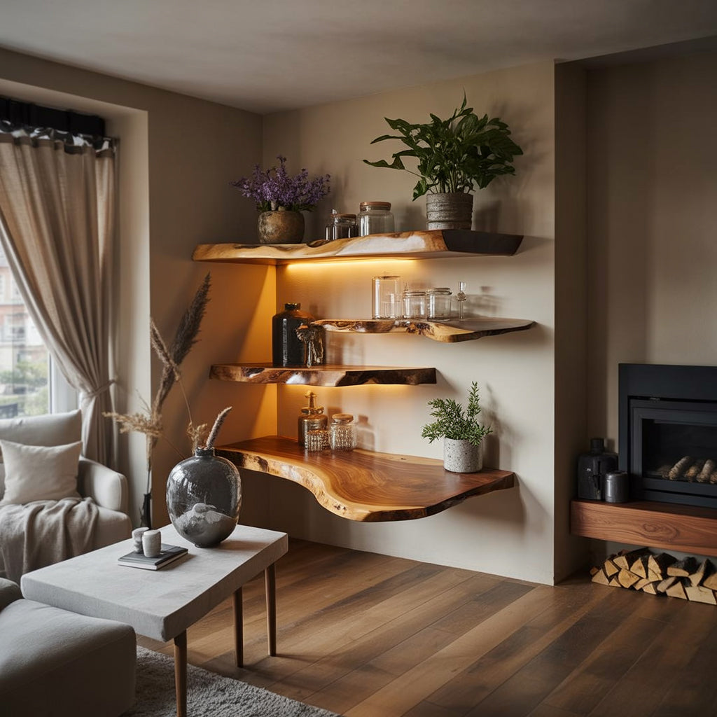Live edge floating wood shelves with plants and decor in a cozy living room setting