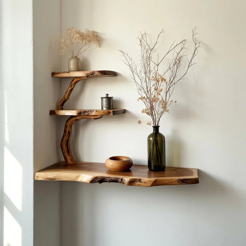 Rustic live edge wood corner shelves with dried flowers in vases and decorative bowl