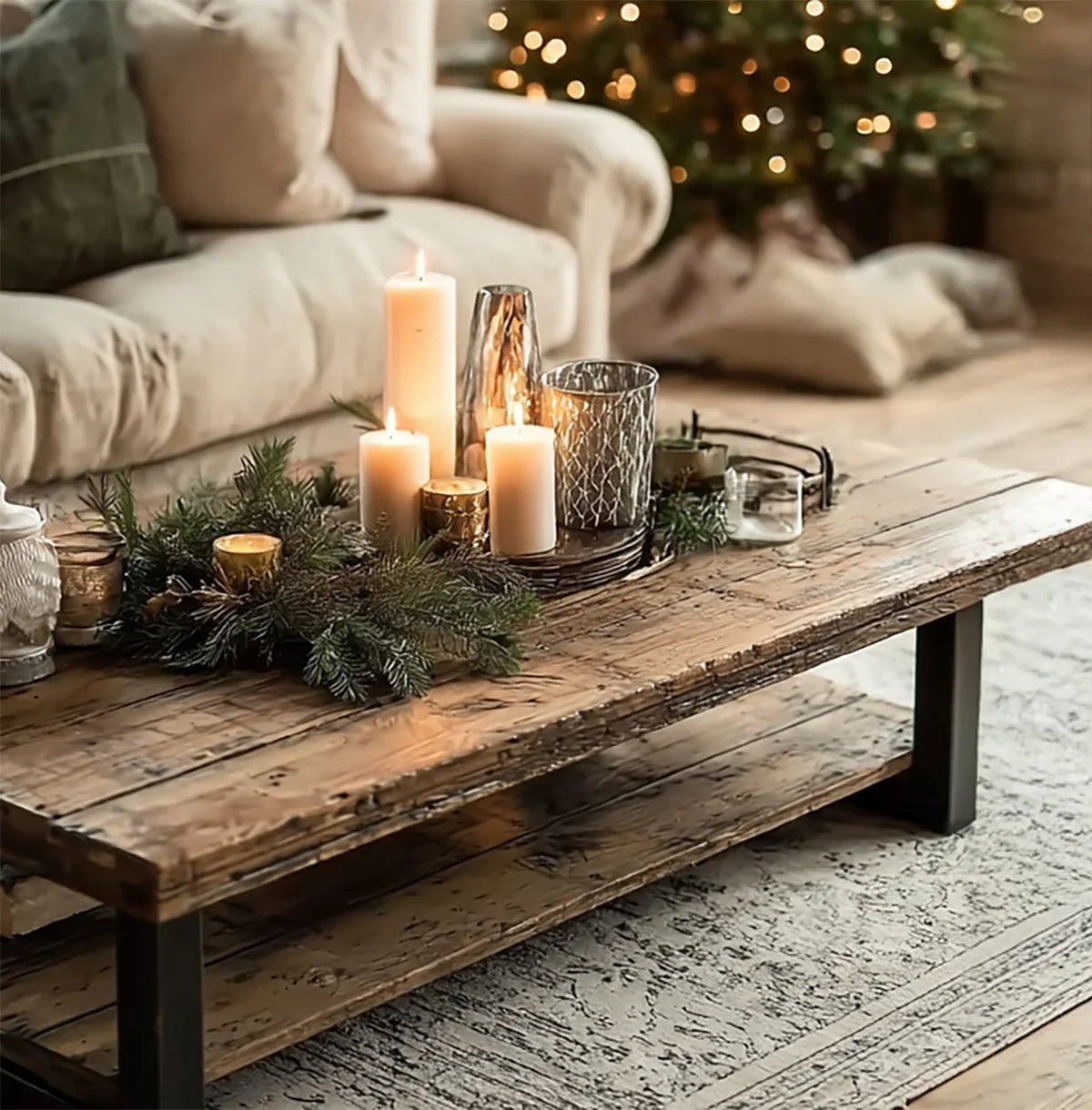 Cozy living room with rustic wooden coffee table decorated with lit candles and green pine branches