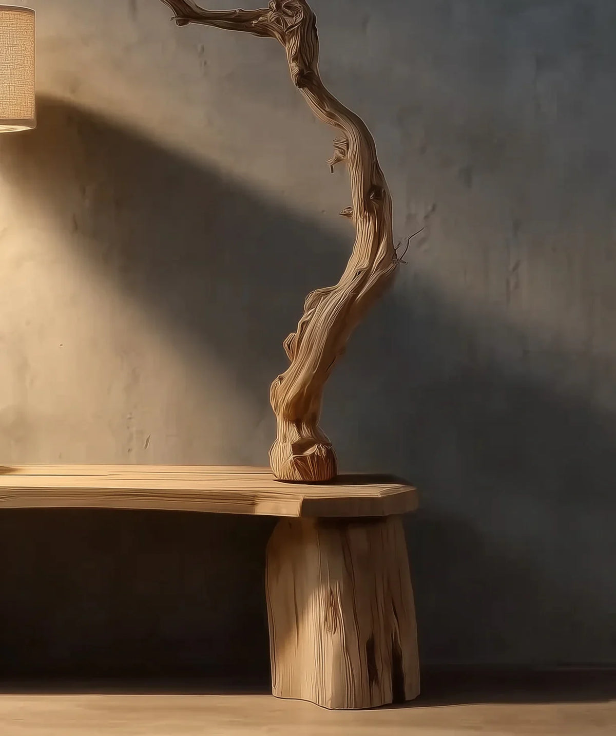 Live edge solid wood bench with sculptural tree branch accent against a neutral wall