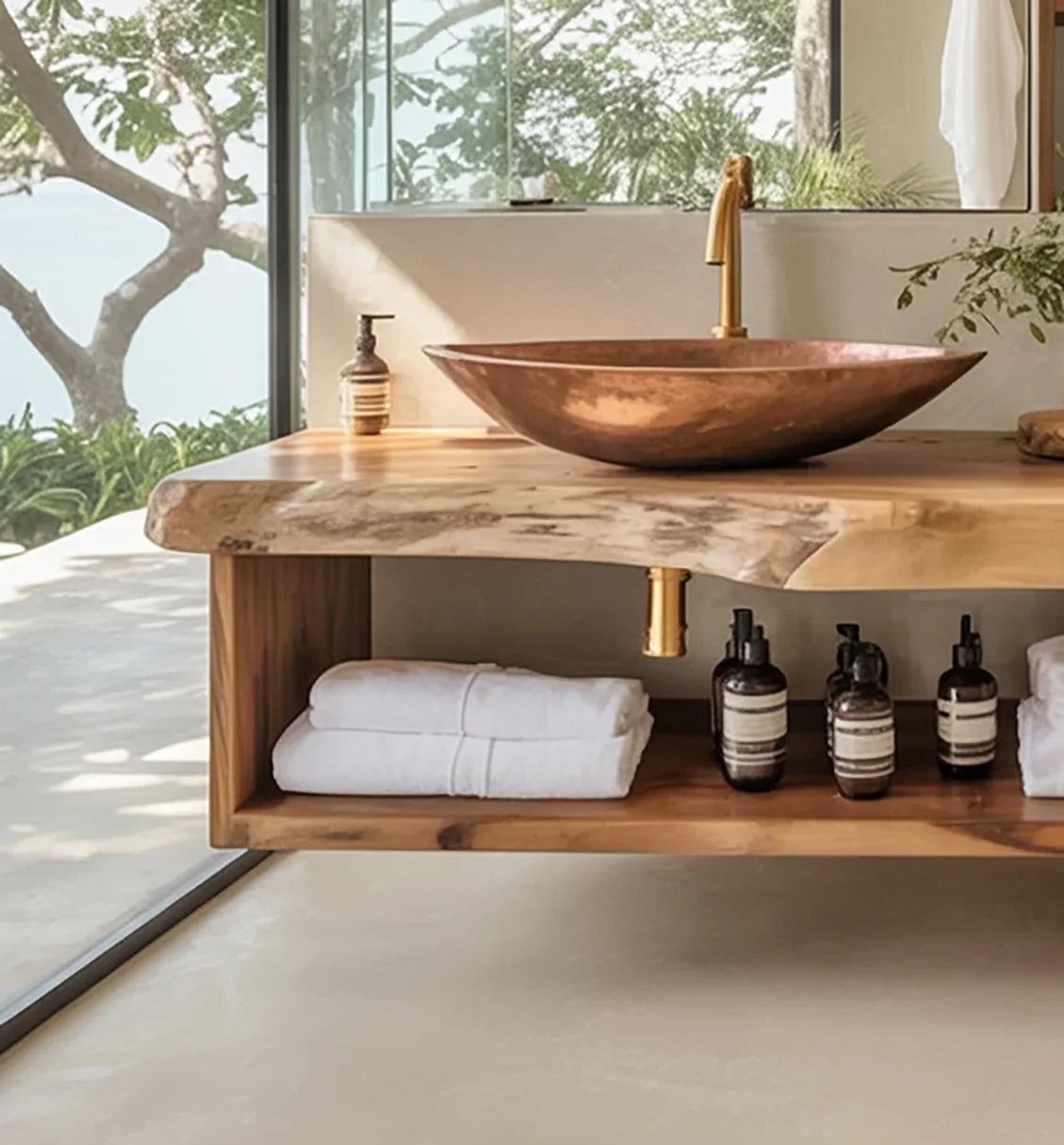 Live edge solid wood bathroom vanity with copper vessel sink, towels, and toiletries.