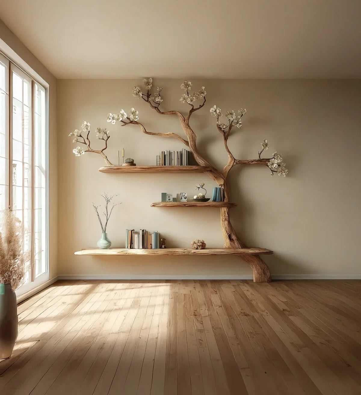 Minimalist living room with wooden tree-shaped shelves decorated with books and flowers