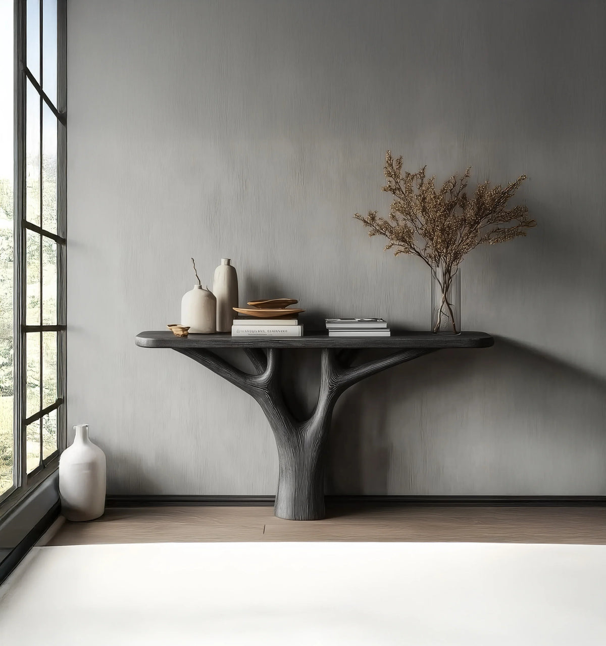 Modern black tree-branch console table with vases, books, and dried flowers by large window