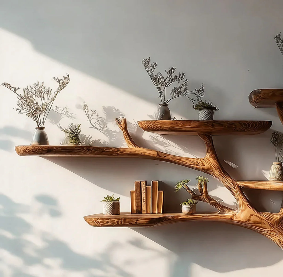 wooden tree branch wall shelves with potted plants and books in natural sunlight
