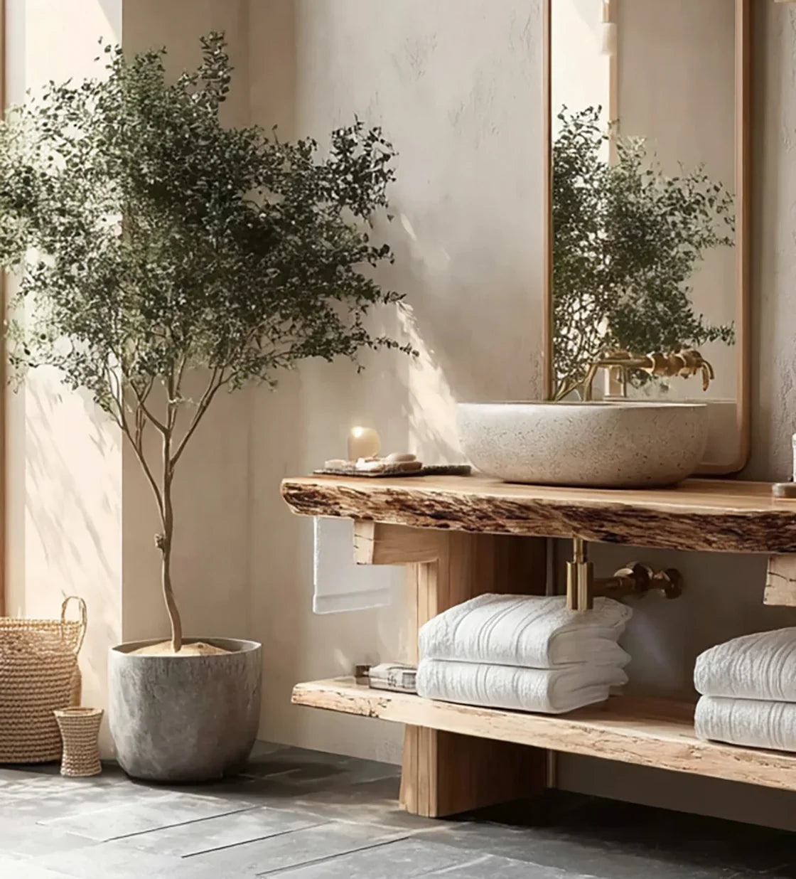 Rustic bathroom with wooden vanity, stone vessel sink, brass faucet, potted plant, and white towels