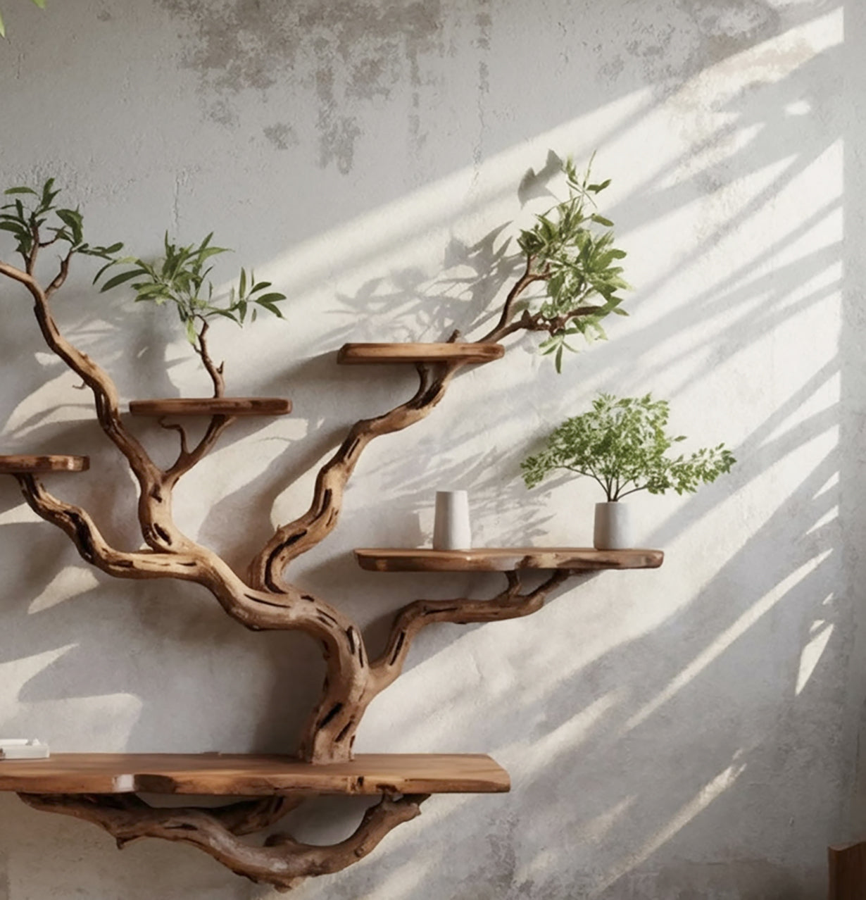 Unique wooden wall shelf resembling tree branches with plants in white pots in sunlight