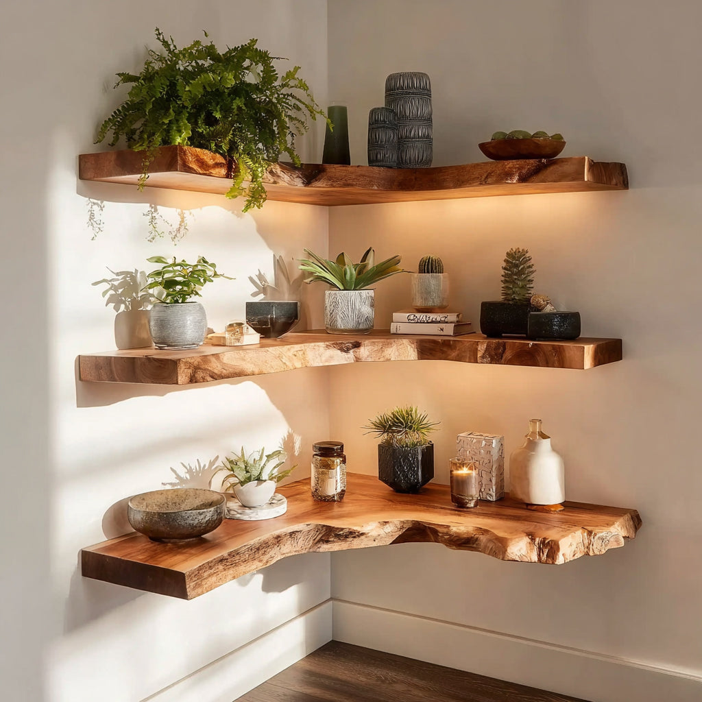 Live edge wooden floating corner shelves with various potted plants, candles, and decorative items