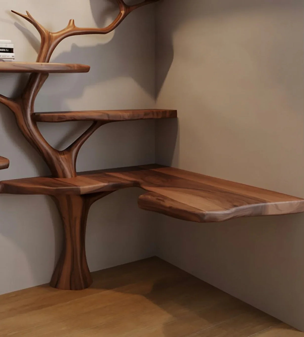 Modern corner wooden desk and shelves with natural branch design in minimalist room