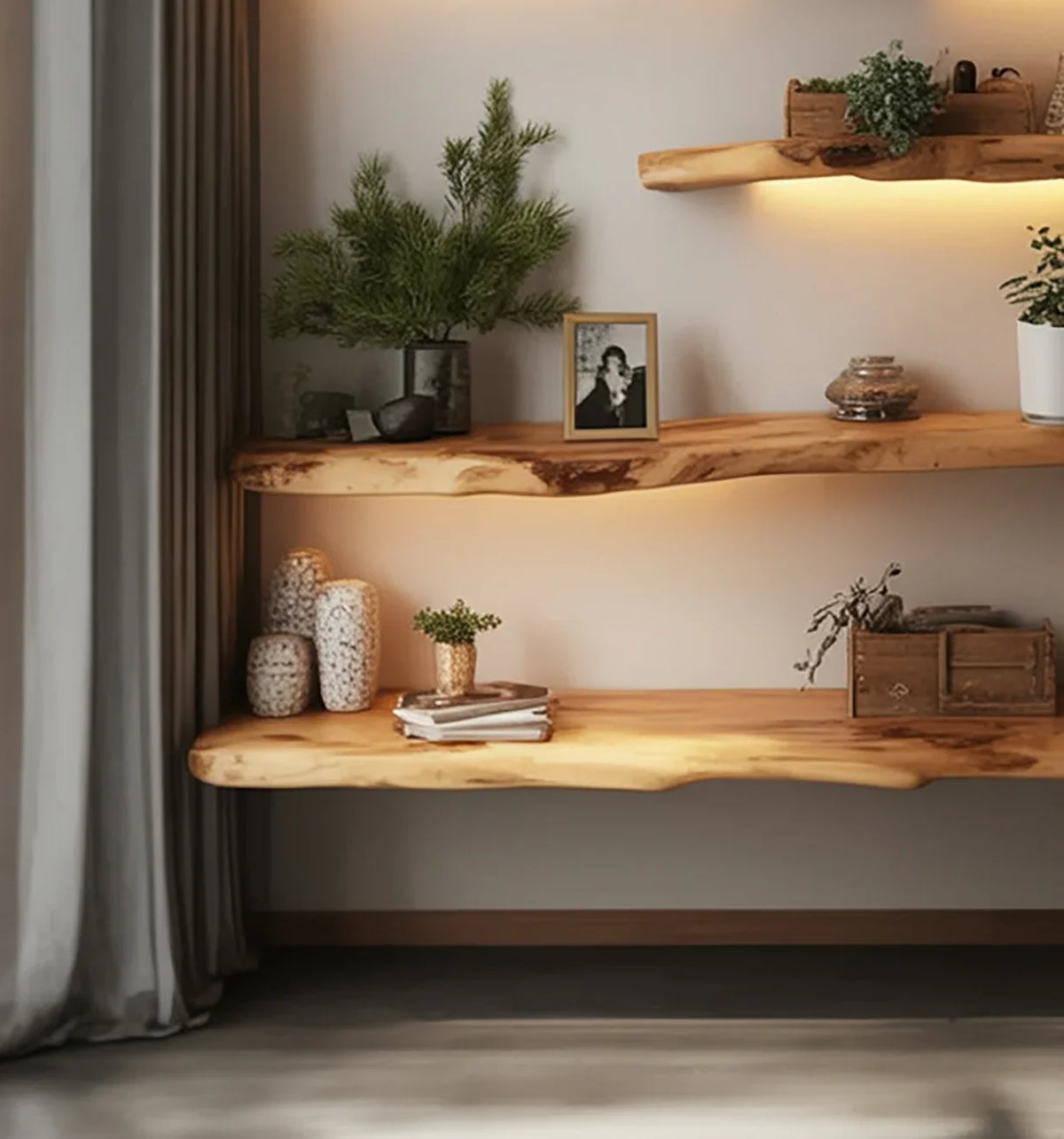 Floating wooden shelves with potted plants, framed photo, decorative jars, and books in modern interior