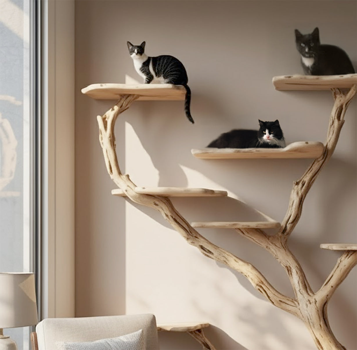 Three black and white cats perched on a natural wood branch-style cat tree near a window