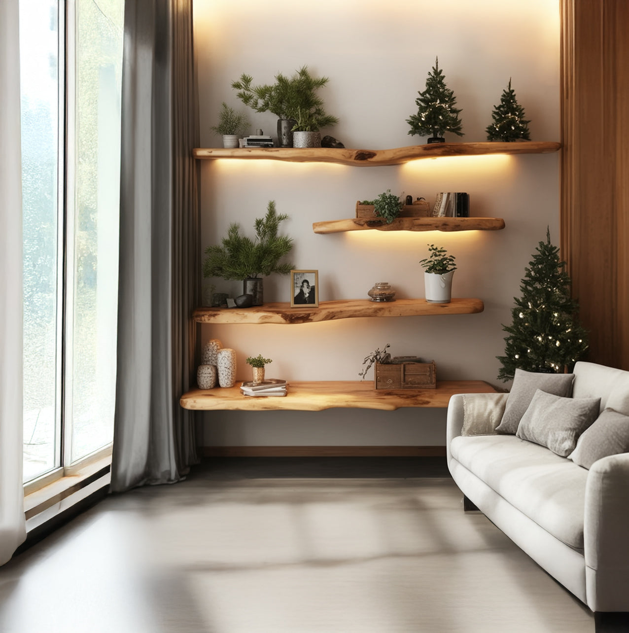 Cozy living room with illuminated wooden floating shelves decorated with potted plants and miniature Christmas trees next to a beige sofa