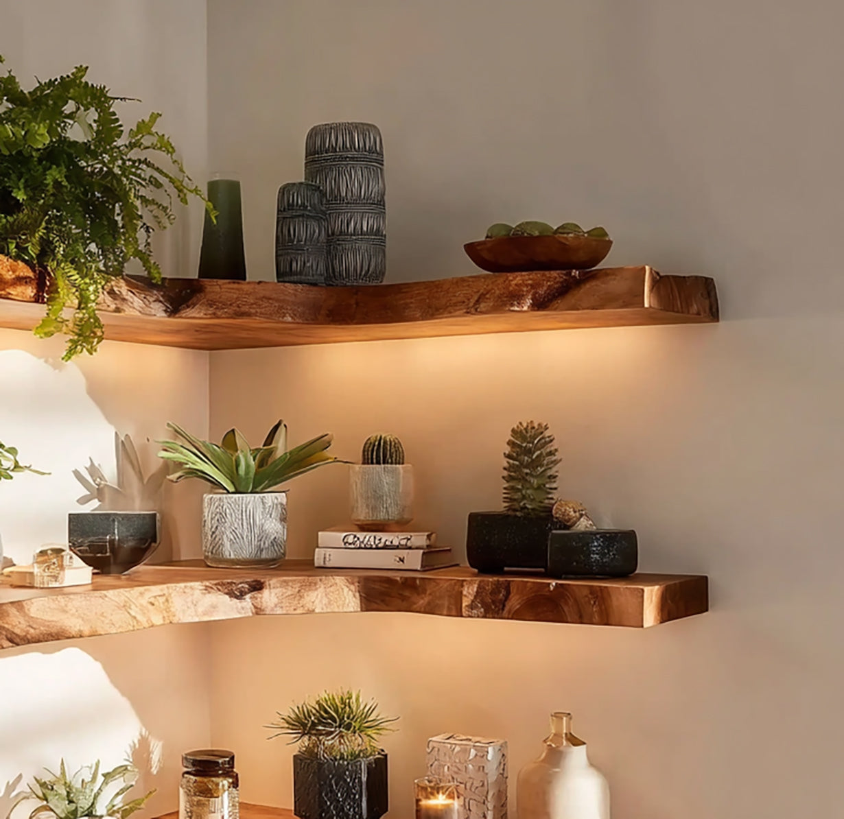 Corner wooden floating shelves with green plants, decorative vases, bowls, and warm ambient lighting