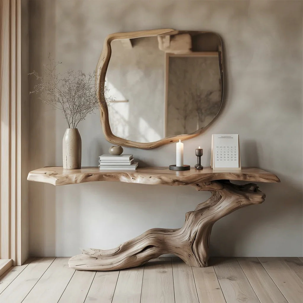 Rustic wooden console table with twisted base, ceramic vase, books, candles, calendar, and organic wood-framed mirror