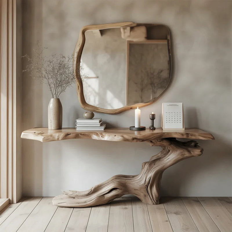 Rustic wooden console table with twisted base, ceramic vase, books, candles, calendar, and organic wood-framed mirror