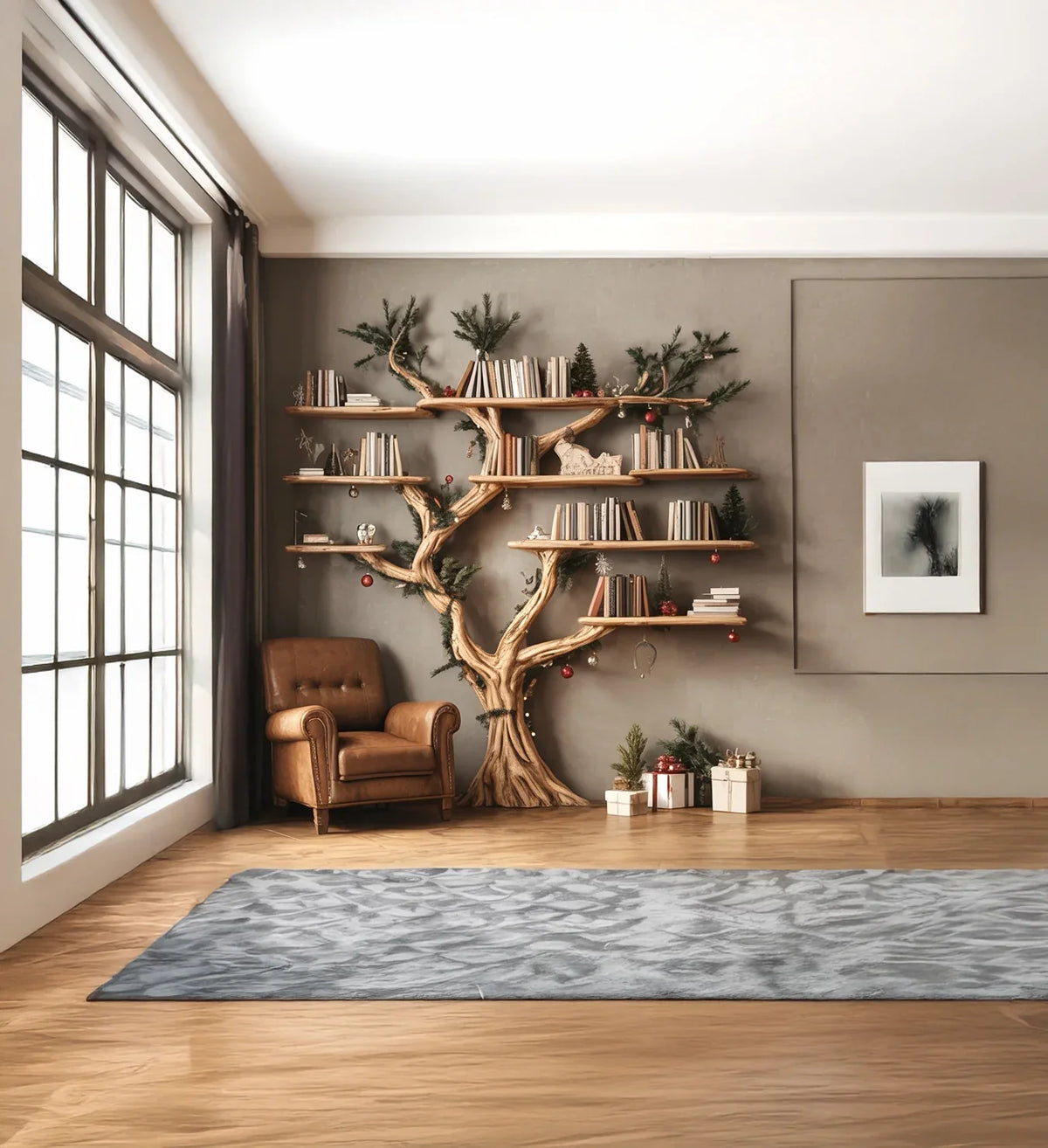 Modern living room with large window, brown leather armchair, tree-shaped wooden bookshelf with books and holiday decor