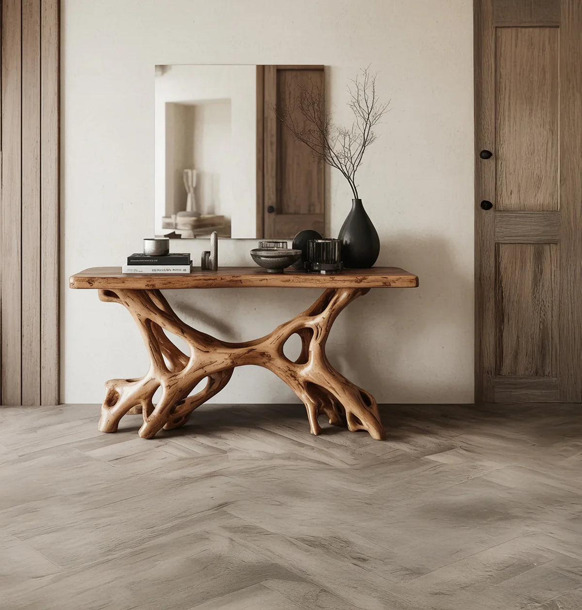 Live edge solid wood console table with sculptural base in minimalist entryway decor