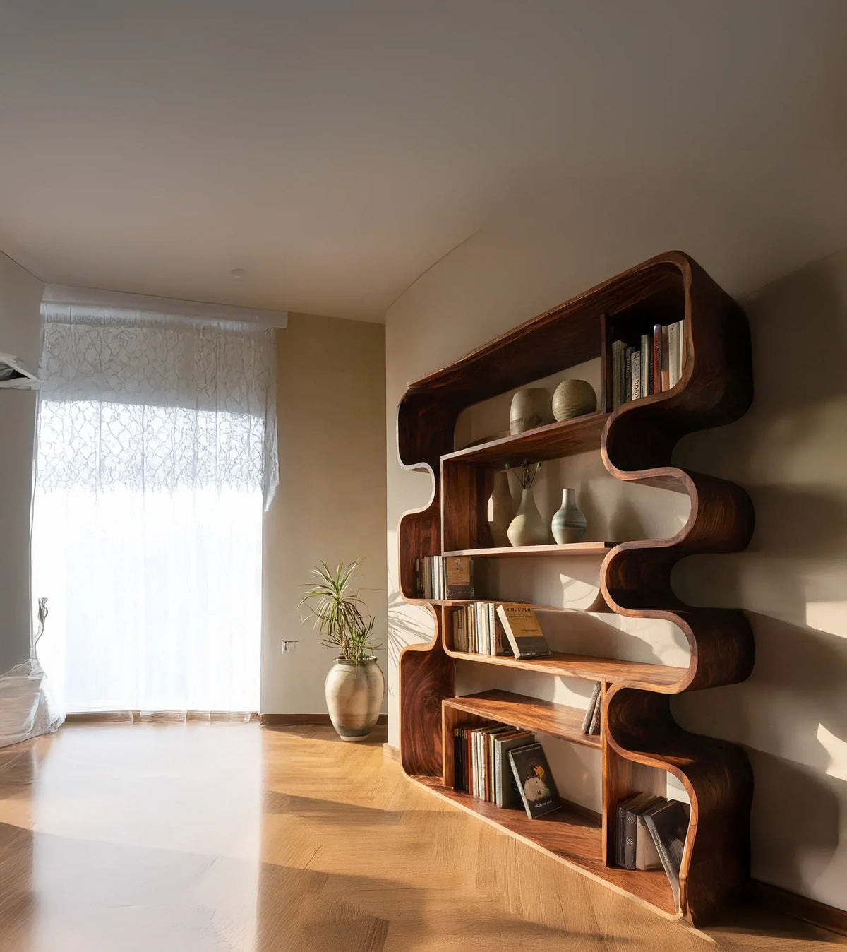 Modern wavy wooden bookshelf with books and vases in bright living room with sheer curtains and potted plant