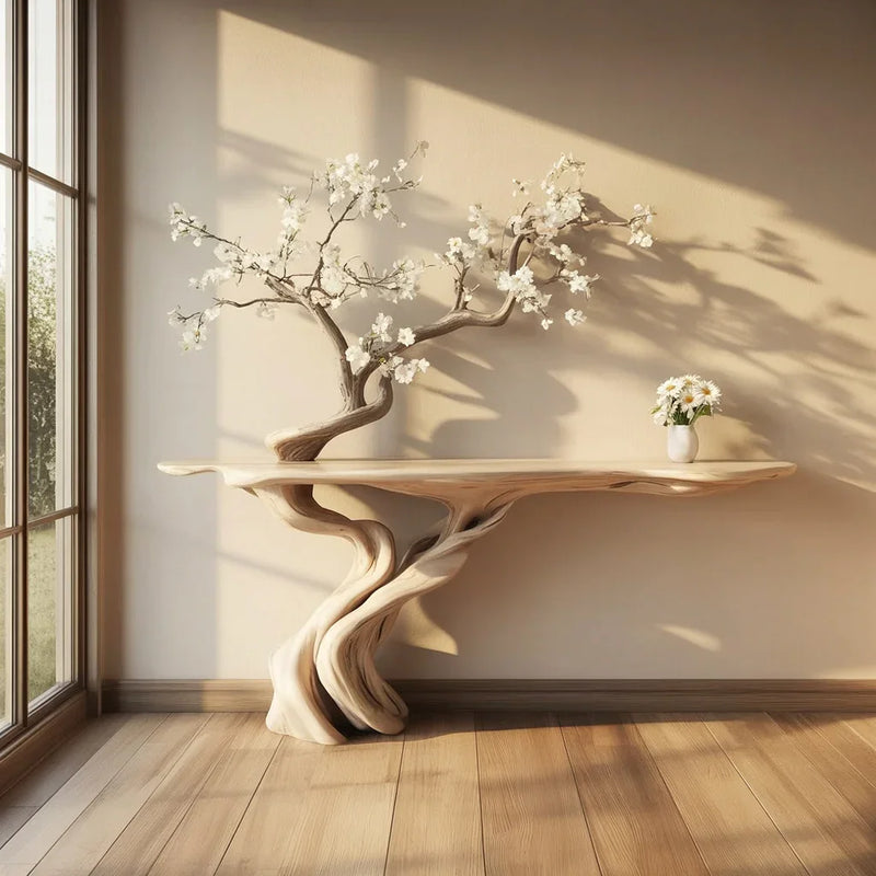 Elegant wooden console table with sculpted tree branch design and white blossoms in a sunlit room