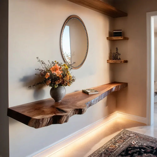 Natural Solid Live Edge Floating Shelf – Rustic Solid Wood Wall Mounted Shelf