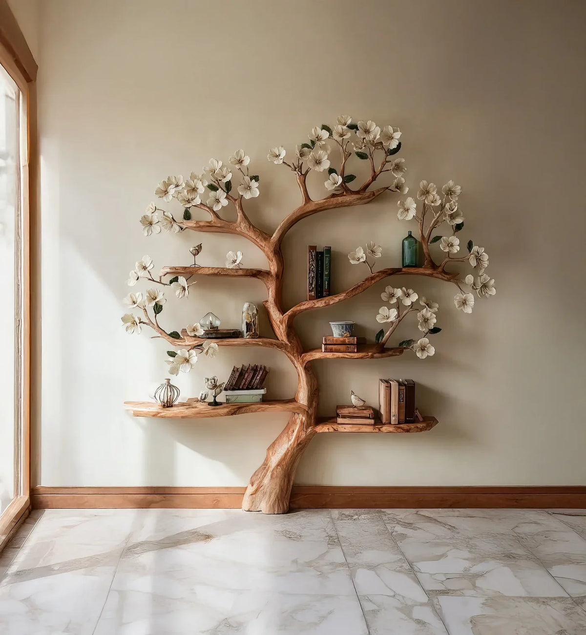 wooden tree-shaped wall shelf with white flowers and decorative books in minimalist room
