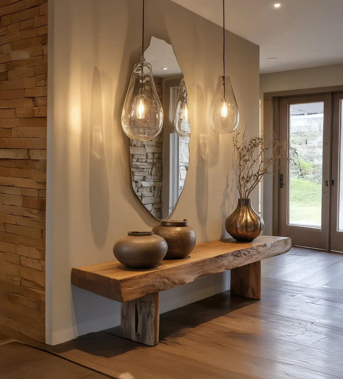 Rustic entryway with live edge wooden bench, decorative pottery, hanging glass pendant lights, and irregular wall mirror