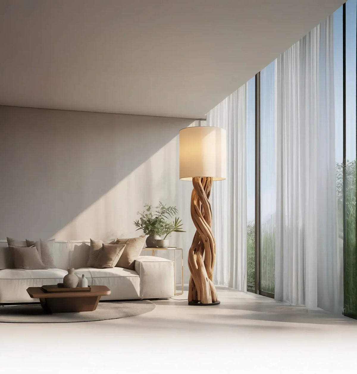 Modern living room with white sofa, wooden coffee table, twisted wooden floor lamp, and tall sheer curtains