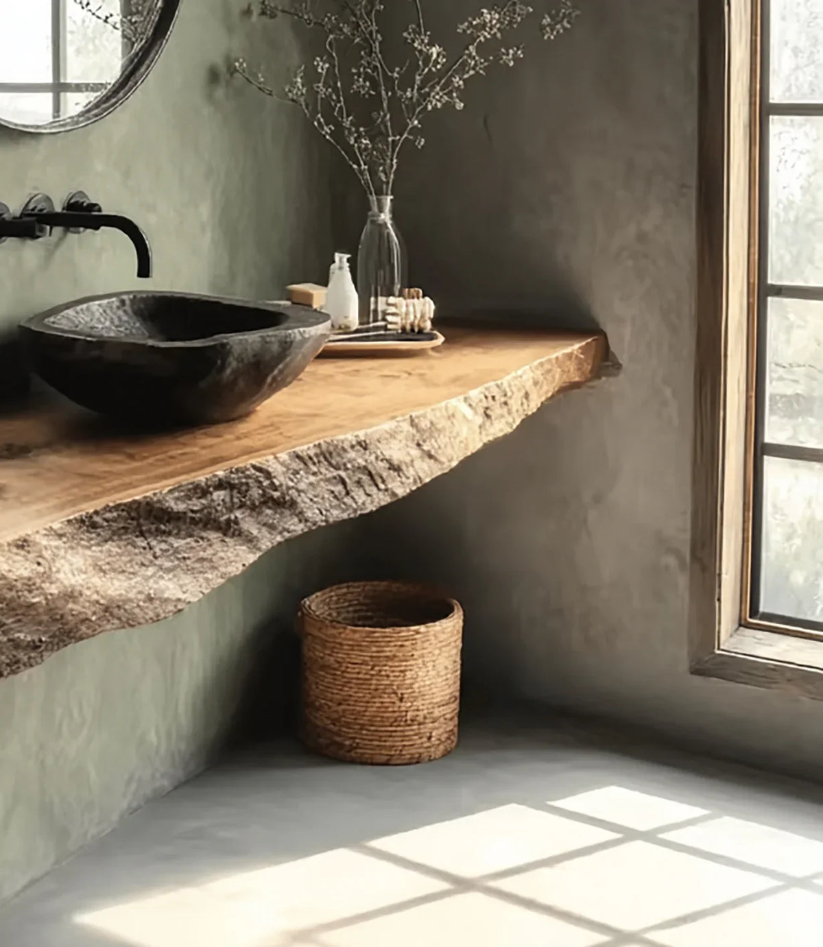 Rustic bathroom with natural stone sink, wooden live edge countertop, glass vase with dried flowers, and wicker basket