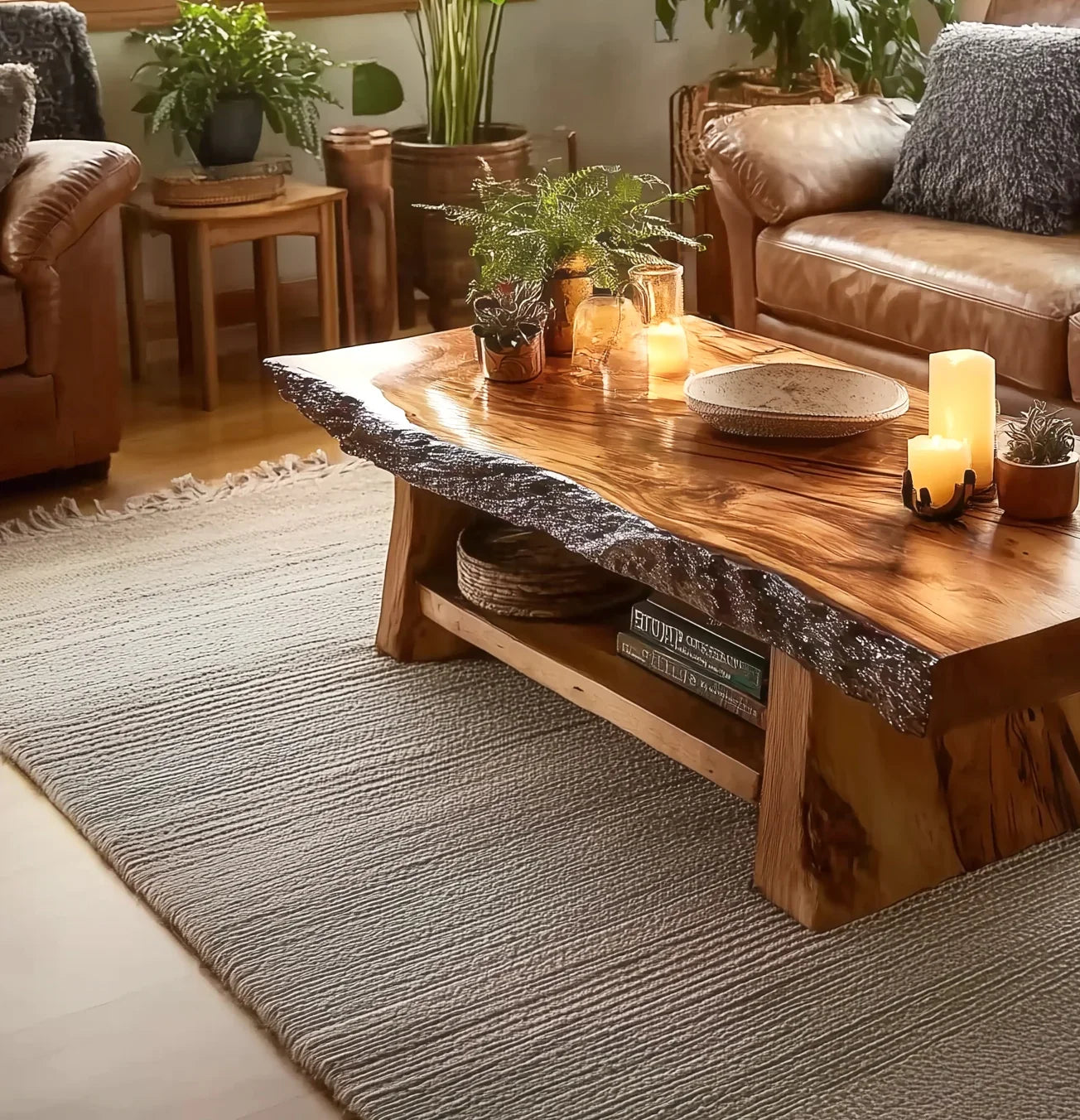 Handcrafted Live Edge Solid Wood Coffee Table with Shelf - Artisan Liv