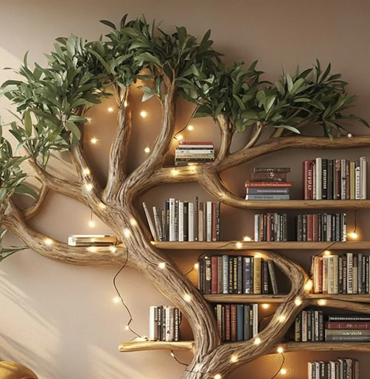 Tree-shaped wooden bookshelf with green leaves, filled with books and warm fairy lights