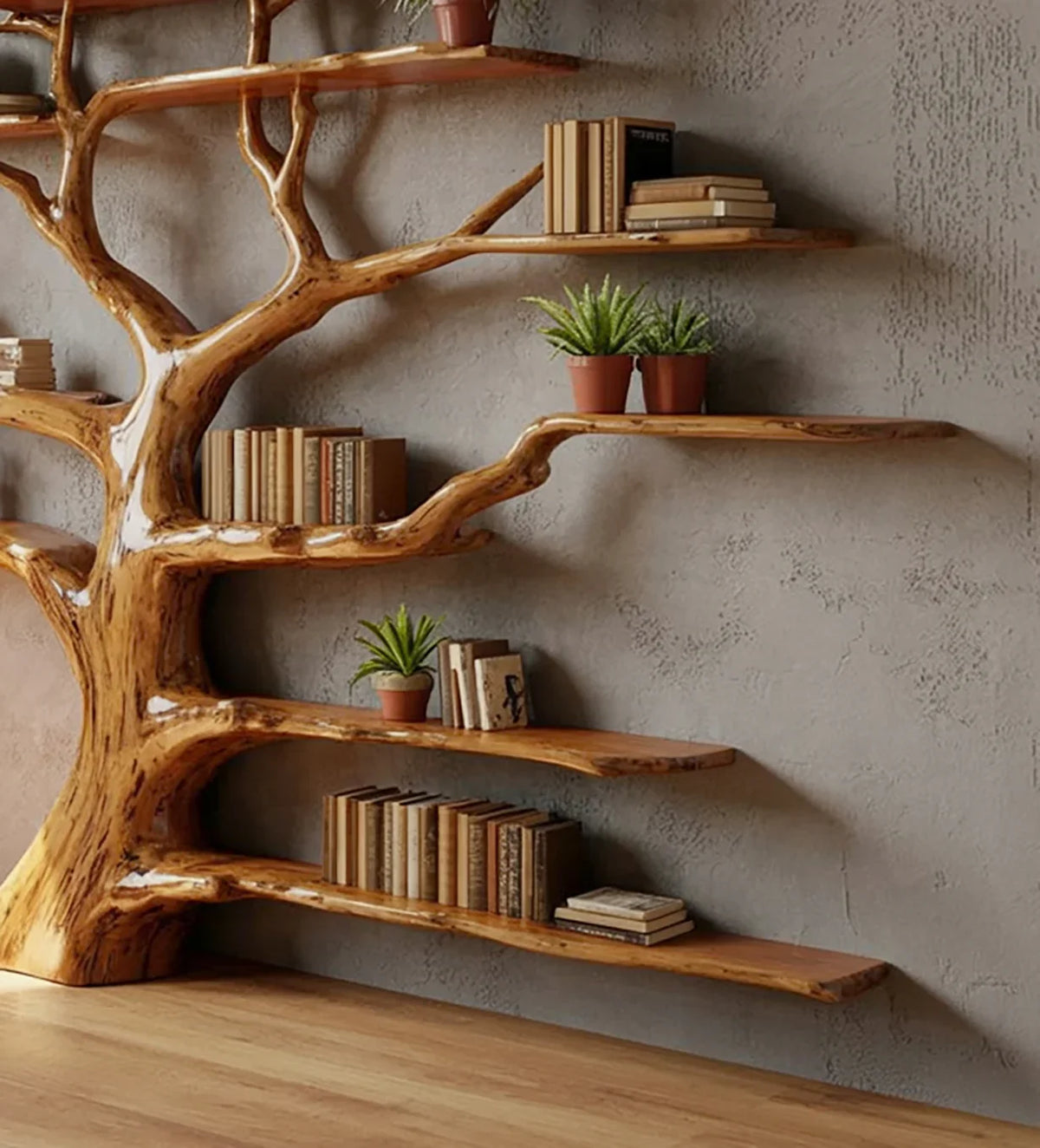 Unique wooden tree-shaped bookshelf with books and potted plants against textured gray wall