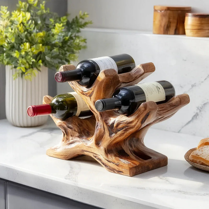 Sustainably crafted solid wood wine rack holding three bottles on a marble kitchen countertop