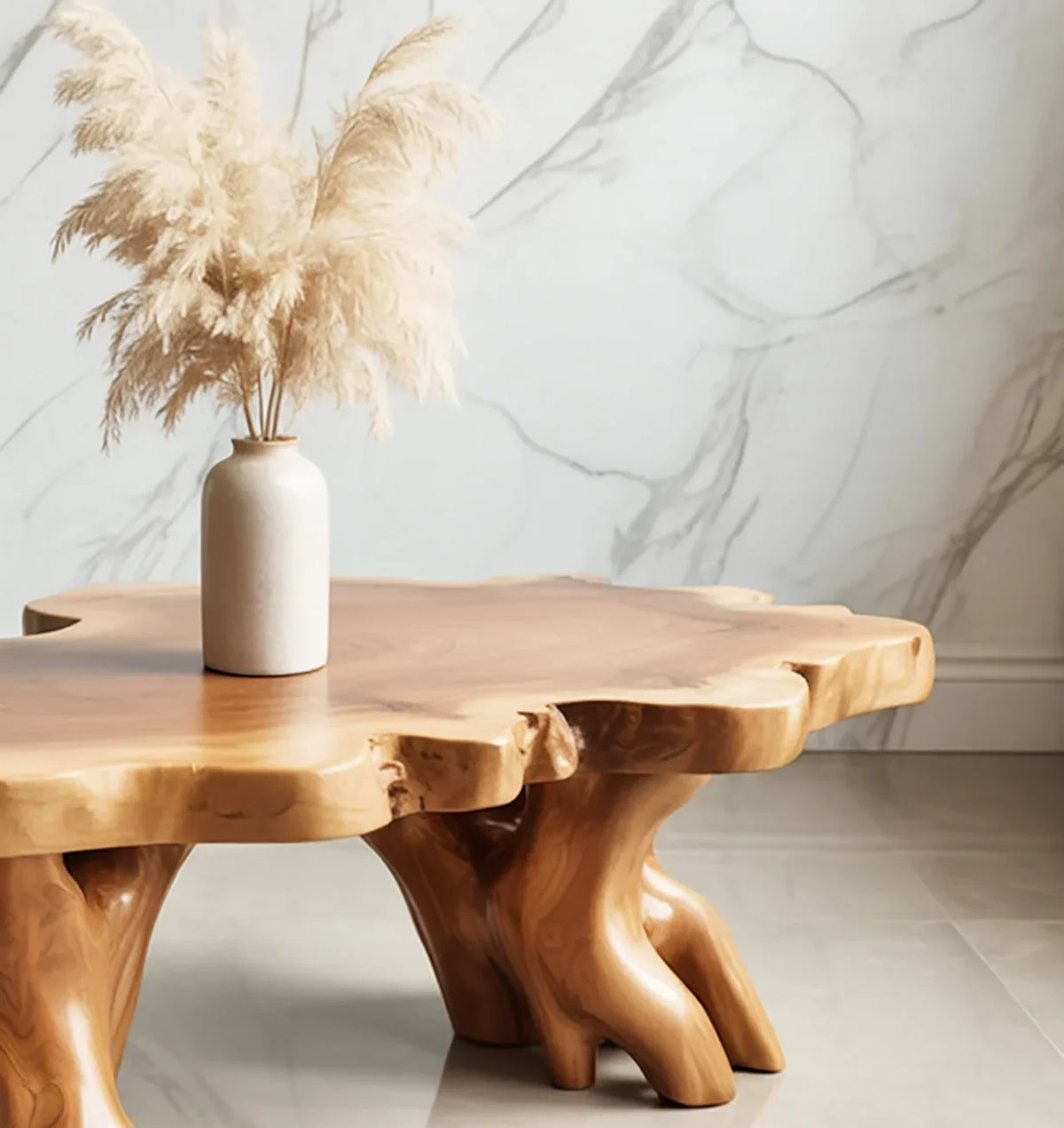 Live edge solid wood coffee table with natural finish, ceramic vase and pampas grass