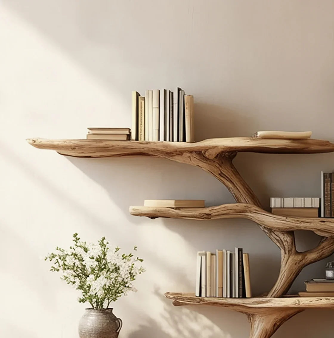 Natural wooden bookshelf with neutral-toned books and a vase of white flowers in soft sunlight