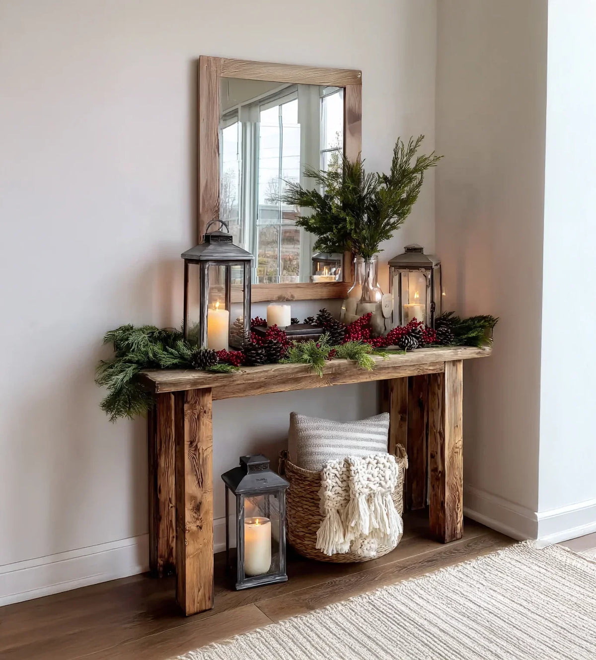 Wooden console table with mirror, decorated with greenery, red berries, pinecones, candles, and woven basket with pillow and blanket