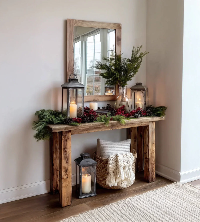 Wooden console table with mirror, decorated with greenery, red berries, pinecones, candles, and woven basket with pillow and blanket
