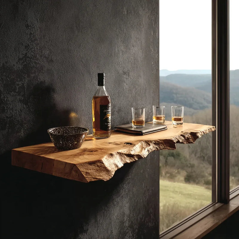 Rustic live edge wooden shelf with whiskey bottle, three glasses, and bowl by window with mountain view