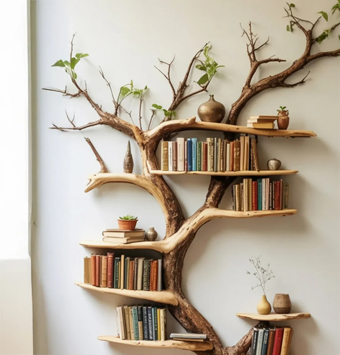 Tree branch bookshelf mounted on white wall with books, potted plants, and decorative vases