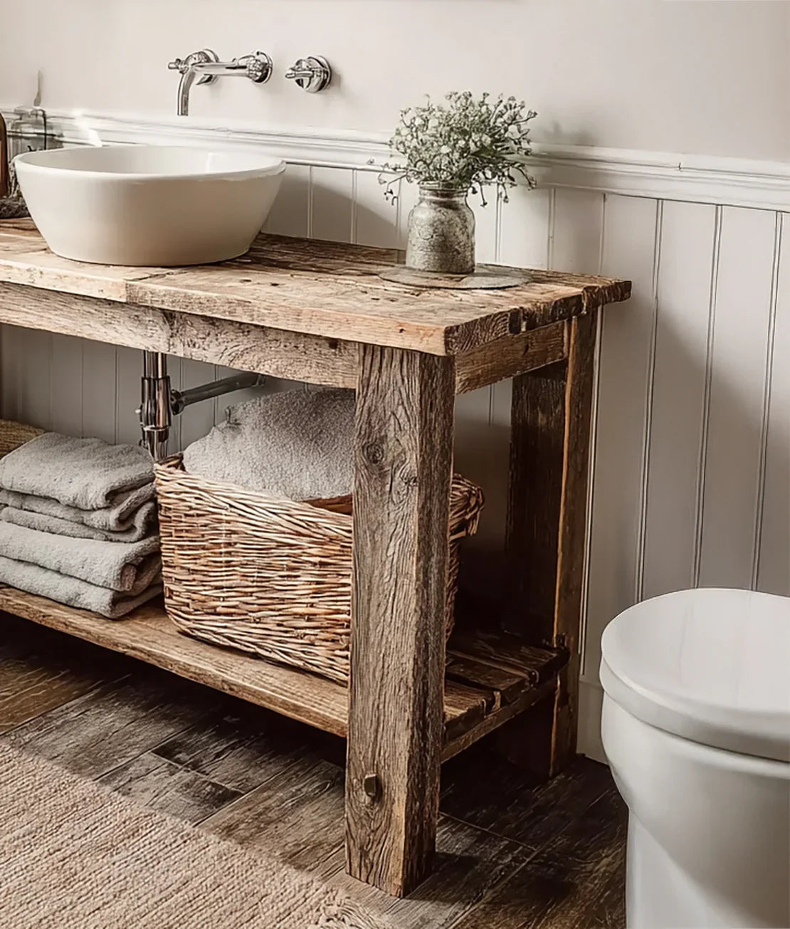 Rustic bathroom vanity with wooden counter, round vessel sink, wicker basket, and gray towels