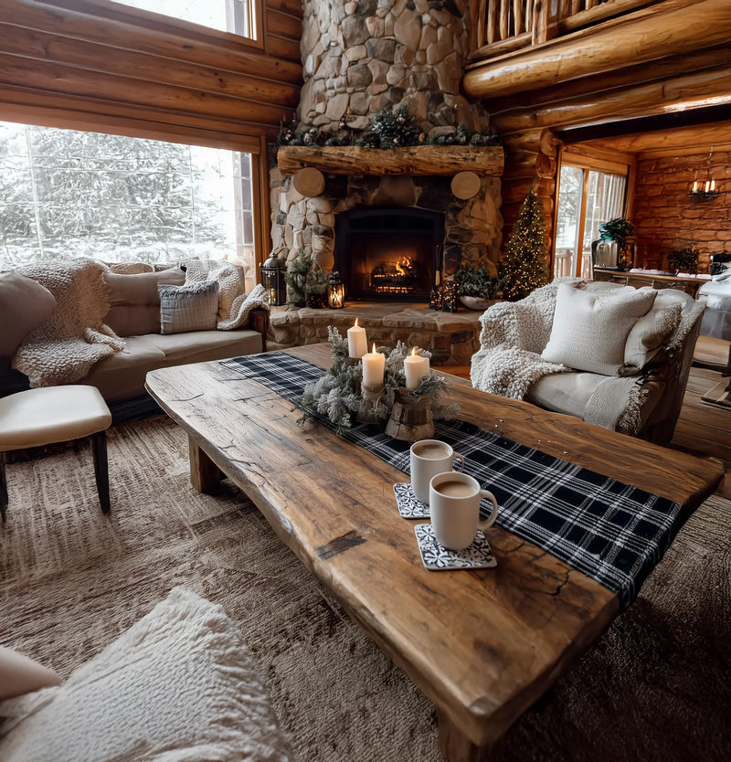 Cozy rustic log cabin living room with stone fireplace, wooden coffee table, candles, and winter decor