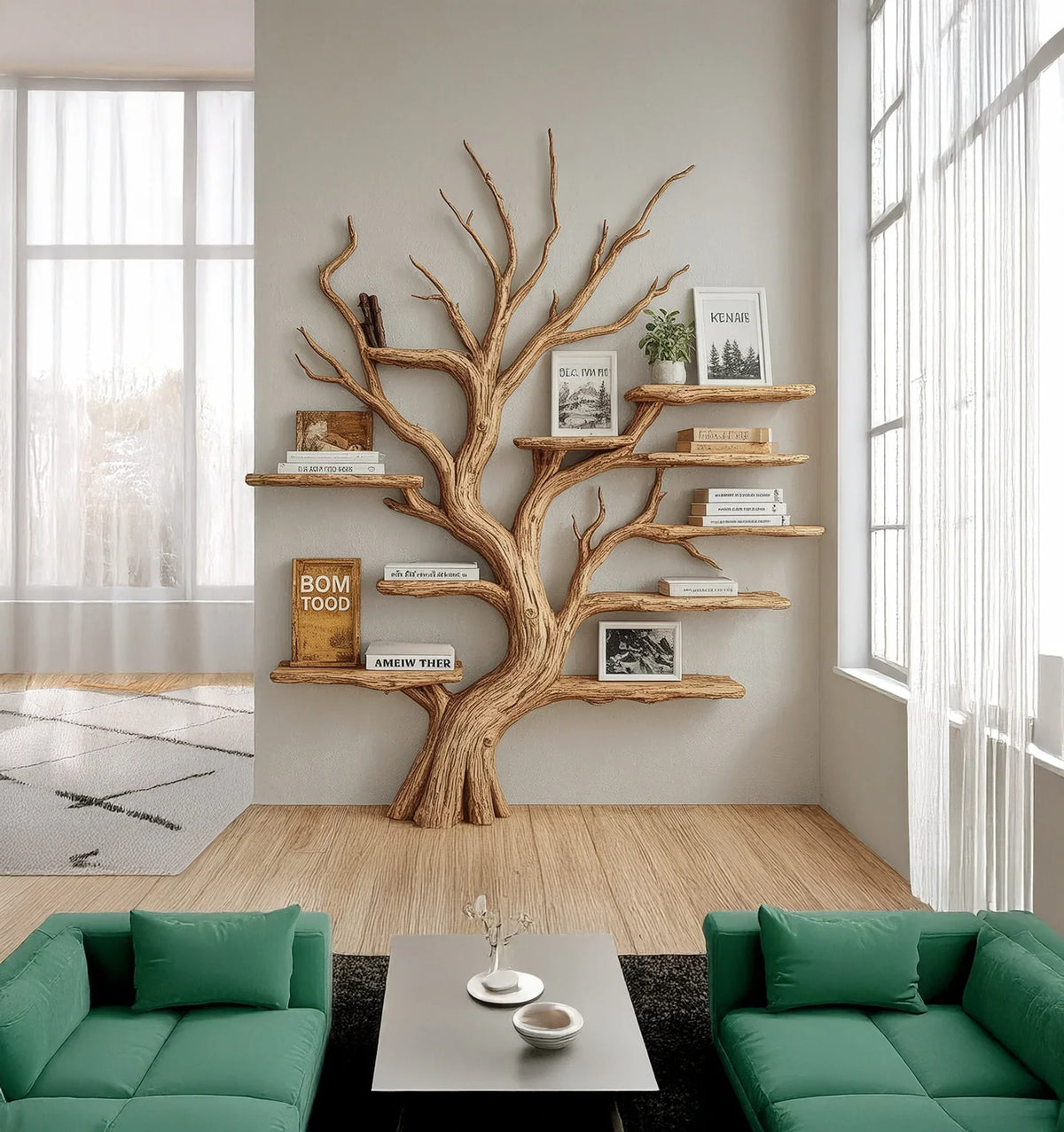 Modern living room with green sofas, minimalist coffee table, and wall-mounted wood tree bookshelf