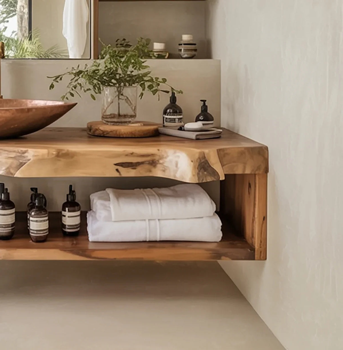 Live edge solid wood floating vanity with towels, soap dispensers, and greenery in a modern bathroom