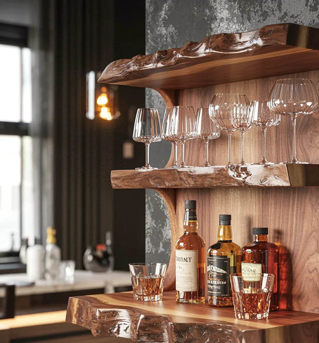 Rustic wooden bar shelf with whiskey bottles and crystal glasses in modern kitchen