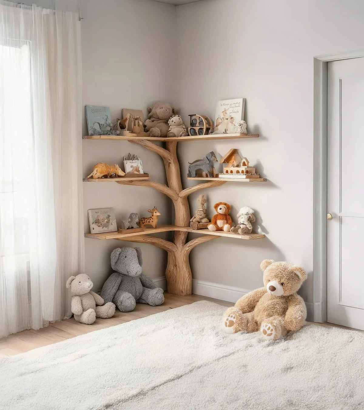 Corner kids room with tree-shaped wooden shelf holding toys and books, large teddy bears on white rug