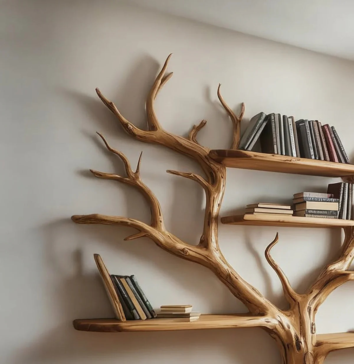 Sustainably crafted solid wood tree bookshelf with books on wall-mounted shelves