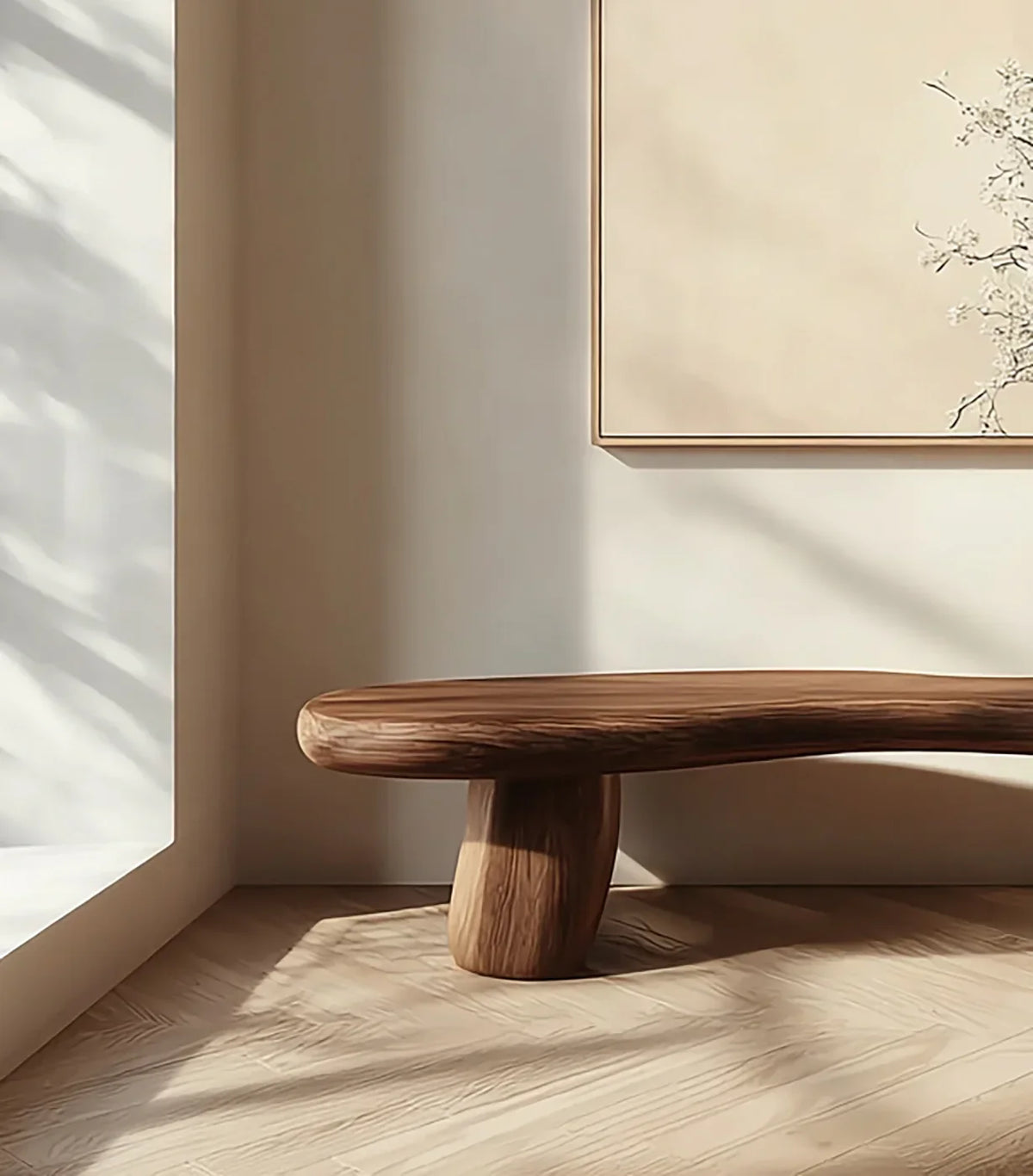 Modern minimalist interior with curved wooden bench and soft natural light on wood floor